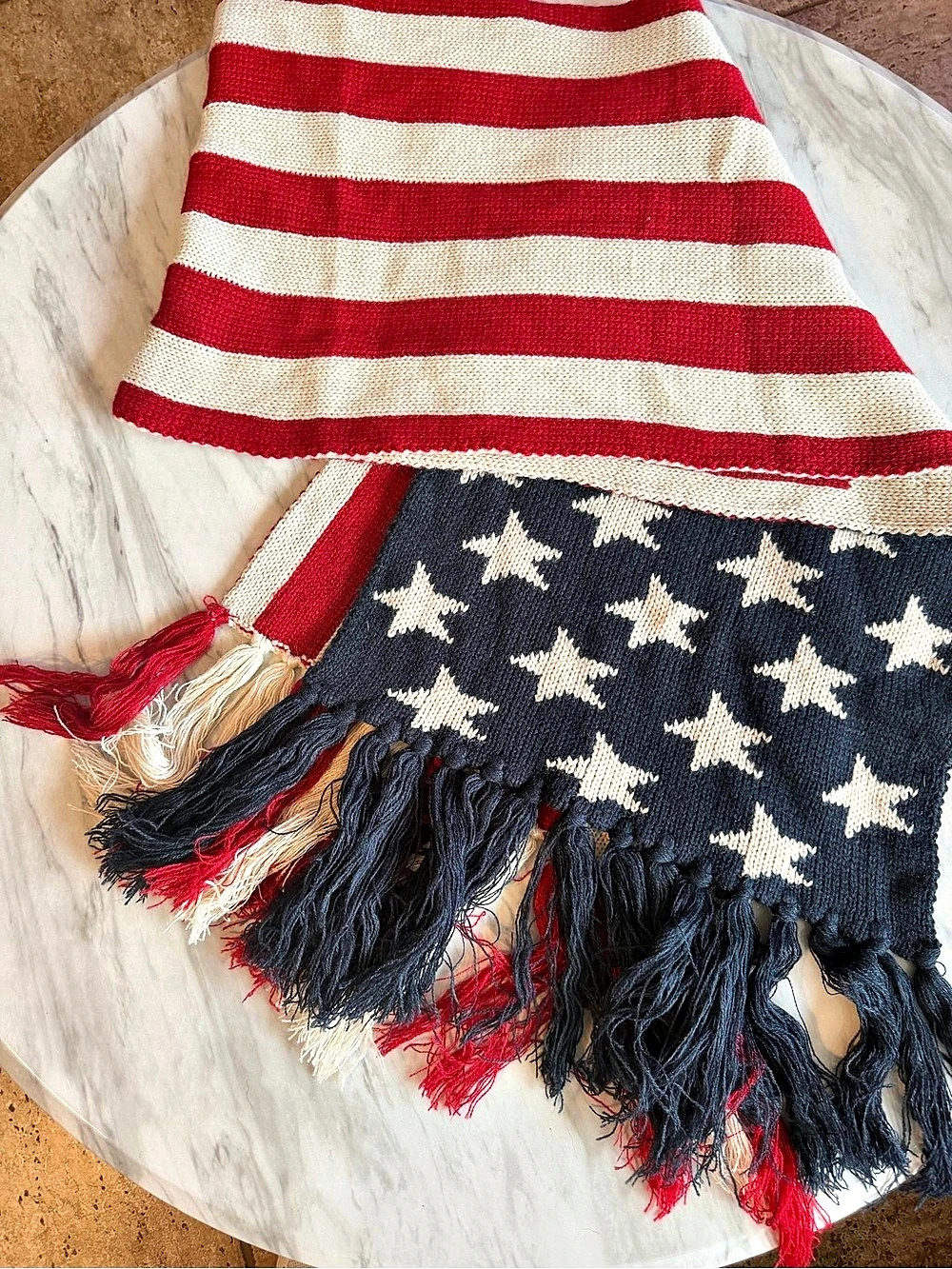 Women’s Knit American Flag Striped Star Fringe Scarf in Red White and Blue
